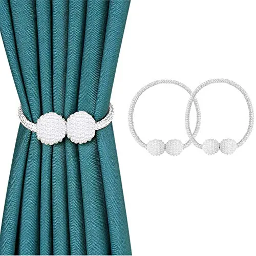 SUOXU Vorhang-Raffhalter, 2 Stück magnetische Vorhang-Raffhalter, Perlenkugel, Vorhang-Clips, Seil-Halterung, Schnallen für Zuhause, Büro, dekorativ (Weiß)