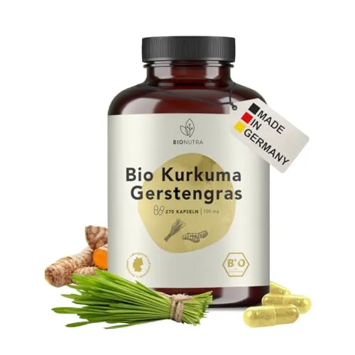 BIONUTRA© Bio Kurkuma Kapseln mit Gerstengras, 270 Stück à 700 mg hochdosiert, vegan & ohne Zusätze, Rückstandskontrolliert, Deutsche Herstellung aus Kurkuma Bio und Gerstengras Bio Pulver
