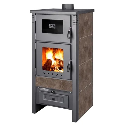 ProTermo Taurus Mokka Kaminofen mit Backfach und Thermometer – 12kW Heizleistung - Holzofen mit Schamottstein 52 x 50 x 107cm 2 Sichtfenster Werkstattofen - Bauart 1