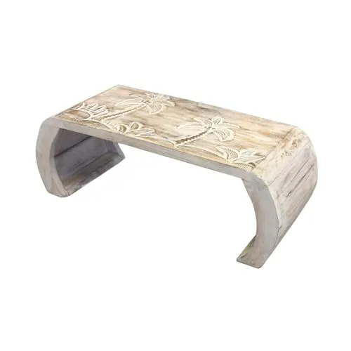 Oriental Galerie Beistelltisch Opiumtisch mit Palmenschnitzereien - Beistelltisch fürs Wohnzimmer, handgefertigt aus leichtem Albesia Holz, ideal als Couchtisch oder Laptoptisch mit elegantem asiatischem Design und kunstvollen Schnitzereien.