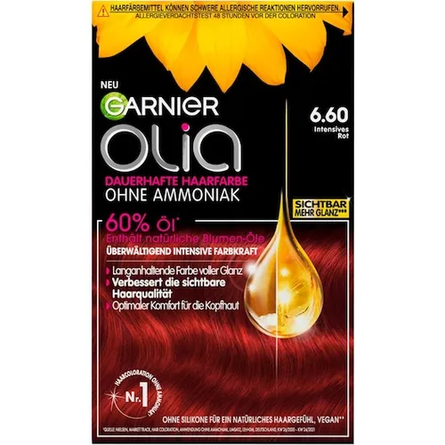 GARNIER Olia Haarfarbe 6.60 Intensives Rot - Dauerhafte Haarfarbe ohne Ammoniak, angereichert mit 60% wertvollen Ölen für intensive Pflege, Geschmeidigkeit und strahlenden Glanz.