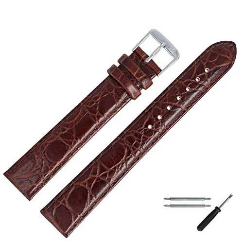 MARBURGER Uhrenarmband 28mm Leder Braun Silber XL Kroko Prägung Mit Naht - Montage Set 6812831000120