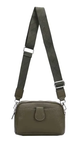 ITALYSHOP24 Damen Tasche Crossbody Umhängetasche Bodybag Schultertasche Metallic Handytasche Crossover Kunstleder Handtasche Reise Olivgrün