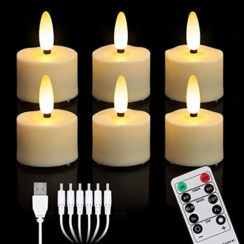 yunsheng 6 Stück Wiederaufladbare LED Teelichter mit Timer-Fernbedienung | Flammenlose Kerzen, 6 Anschlüsse USB-Ladekabel, Warmweißes Flackernde 3D Licht, Halloween Weihnachten Hause Hochzeit Deko