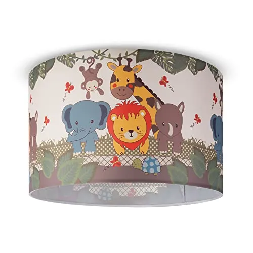Paco Home Pendelleuchte Kinderzimmer Deckenlampe Stoff Lampenschirm Dschungel Tiere E27 1,5m Textilkabel Dinosaurier Zoo, Farbe:Design 1 (Ø45,5 cm), Leuchtenart/Farbe:Deckenleuchte - Weiß