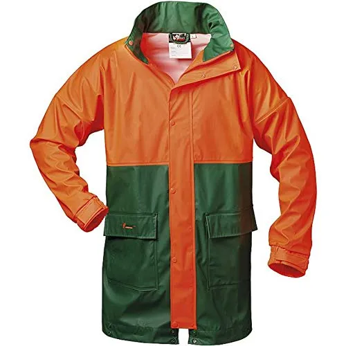 PU-Stretch Forst-Regenjacke PAPPEL XXL - Funktionsjacke in grün/orange, wasserabweisend und ideal für Outdoor-Aktivitäten im Forstbereich.