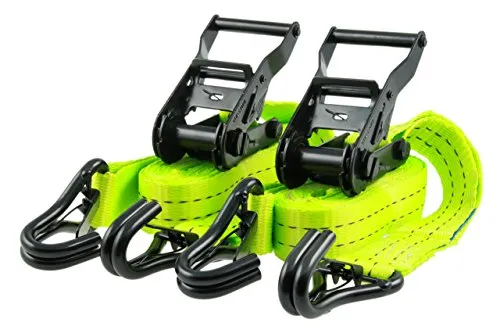 Sandax 2er-Set Spanngurte mit Ratsche (PU-beschichtet), Zweiteilige Ratschenspanngurte z.B. für LKW, Breite 35mm, Länge 6m, neon-gelb, J-Haken mit Sicherung, Zurrgurte nach DIN EN 12195-2 bis 2000kg