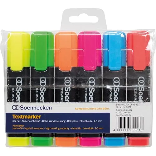 Soennecken Textmarker 6 Stück pro Pack diverse Farben