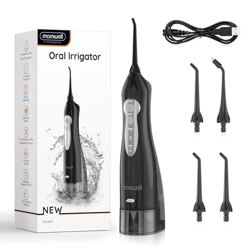 Mornwell Munddusche Kabellos für Zähne Tragbar Oral Irrigator Elektrische Zahnreiniger 300ML 3 Modi 4 Jet-Tipps Tiefenreinigung Hilft beim USB (Weiß B)