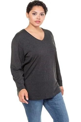 Ulla Popken Damen große Größen Übergrößen Plus Size Shirt, V-Ausschnitt, Relaxed, Langarm anthrazit Melange 54+ 725334121-54+