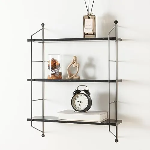[en.casa] Wandregal Ösel Hängeregal Bücherregal hängend mit 3 Regalböden Marmor-Optik Schwarz Wohnzimmer Regal mit Stahlrahmen Küchenregal