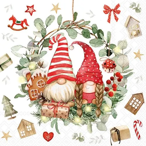 Servietten Weihnachten Gnome im Kranz als Tischdeko. Papierservietten mit Motiv. Auch für Decoupage und Serviettentechnik 33x33cm 20