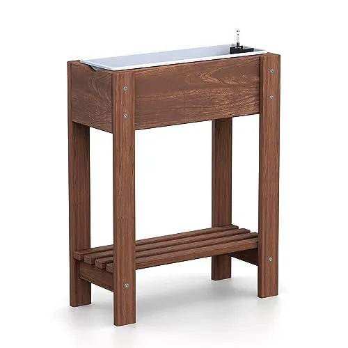 Plastard Hochbeet Kiefernholz mit Ablage Braun inklusive - 1 x 60 cm Einsätze - Wasserstandsanzeiger - Balkon und Garten - Anzuchtbeet - Kräuterbeet