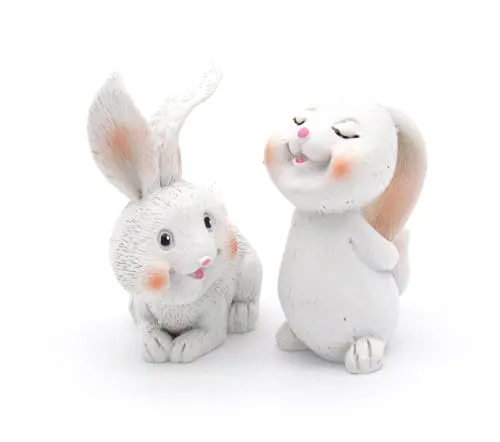 STEINWOHN 2er Set Osterhasen Weiß Dekofiguren 6,6 x 7,1 x 3,5 cm Osterdekoration aus feinstem Kunstharz für Innen und Außen
