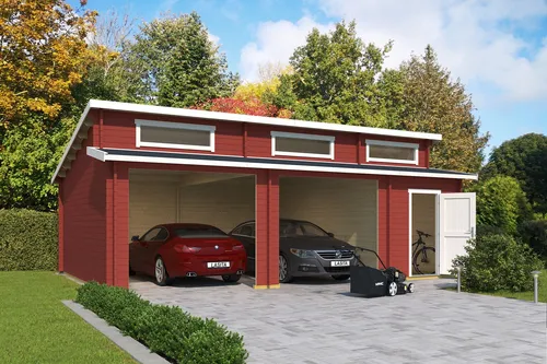 Garage Stufendach 44 mm Hawaii ohne Tor rot 820x520 cm - Gartenhaus mit 39,4 m² Nutzfläche, 3 Einzelfenstern und abschließbarer Einzeltür. Ideal für Garten oder als Geräteschuppen, gefertigt aus robustem Holz mit 5 Jahren Herstellergarantie.