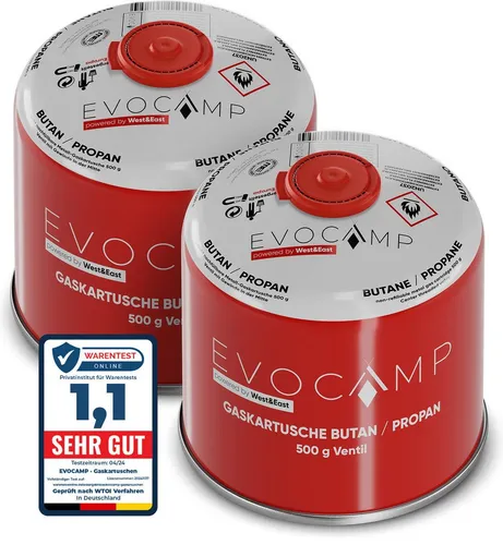 EVOCAMP Gaskartusche Ventilkartusche mit Butan/Propan Gas EN 417 500g mit Schraubventil, 2 St.
