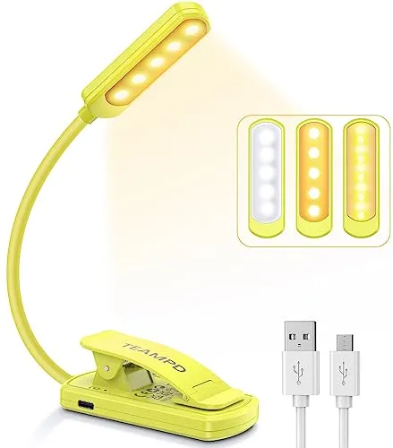 TEAMPD Leselampe Buch Klemme, Buchlampe mit 10 LEDs, 3 Farbtemperatur Modi, Stufenlose Helligkeit Augenschutz Klemmlampe, USB Wiederaufladbare Klemmleuchte,360° Flexibel für Nachtlesen ins Bett,Jaune