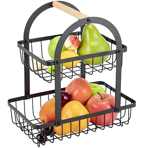EliteHoff Obst Etagere 2 Stöckig | 2-stöckiger Obstkorb Rack, Gemüsekorb Edelstahl, Aufbewahrungskorb aus Metall für Obst, Gemüse, Brot, Snacks - Brotkorb Eckig, Drahtkorb für die Küche (Schwarz)