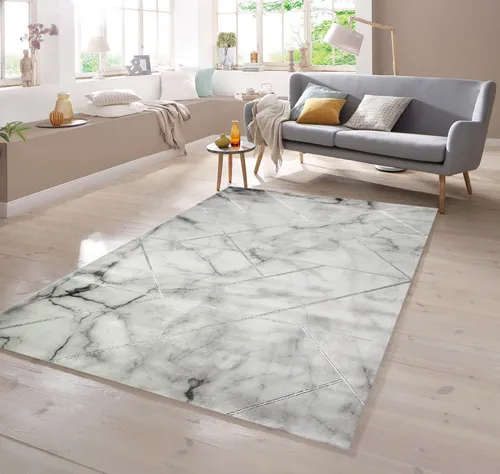 TeppichHome24 Designer Teppich Marmor Optik Grau, rechteckig - Eleganter Teppich in Marmoroptik, ideal für jedes Zimmer. Strapazierfähig, pflegeleicht und geeignet für Fußbodenheizungen. Verleihen Sie Ihrem Zuhause einen stilvollen Akzent.