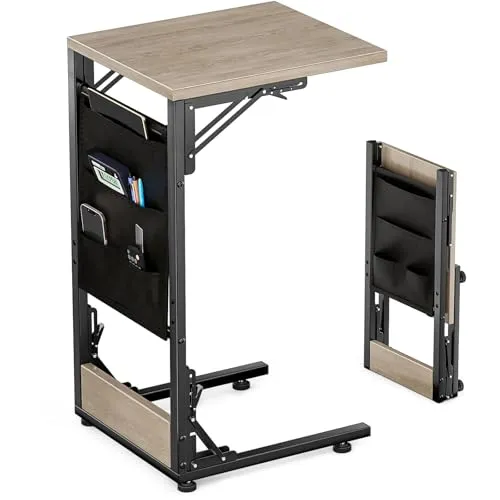 Bomclap C-Form Beistelltisch, Klappbarer Sofatisch Nachttisch mit Aufbewahrungstasche, Couchtisch mit Metallgestell für Wohnzimmer Schlafzimmer Büro, 30 x 40 x 64,5 cm (Grau)