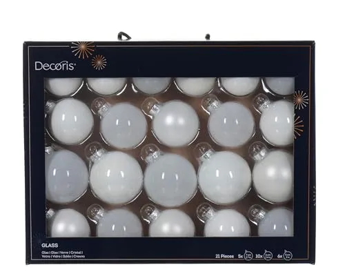 Decoris Weihnachtskugeln Glas 5-7cm 21er Set - matt & glänzend & transparent - Christbaumkugeln Weihnachtsbaumkugeln für Weihnachtsbaum - Kerstbal Glas d7 cm warm wit Ass 21st kerst Winterweiss