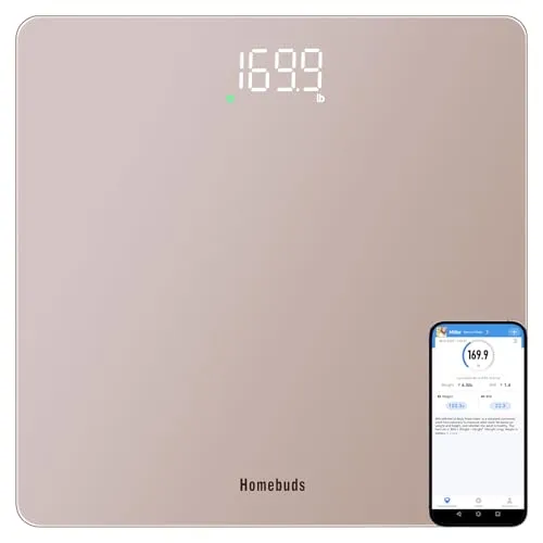 Homebuds Smart Personenwaage, Präzision 0,05kg von Unser Professionellen Fabrik Seit 2001, Digital Waage Personen Step-On und Hellem LED, App Synchronisierung mit Gewichts und BMI, 182kg, Roségold