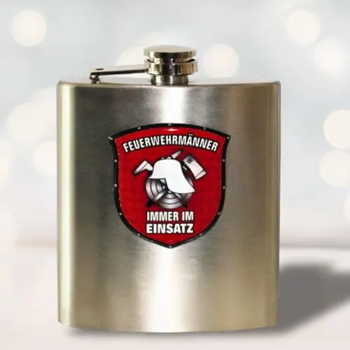 Flachmann aus Edelstahl gebürstet mit 3D Hochglanz Etikett - Feuerwehrmänner - 7 oz. 200 ml Feurwehrgeschenk