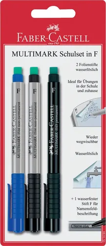 FABER-CASTELL 151494 - Schulset Multimark 3-teilig, wasserlösliche Folienstifte mit Spezialradierer für Schule und Zuhause