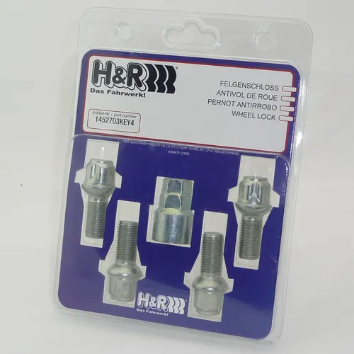 H&R Felgenschlösser Satz M14x1,5x27mm - Felgenschlösser für Vorder- und Hinterachse, robust aus Stahl mit hohem Festigkeitsgrad, inklusive 4 Schlossbolzen und Adapter für optimalen Schutz.