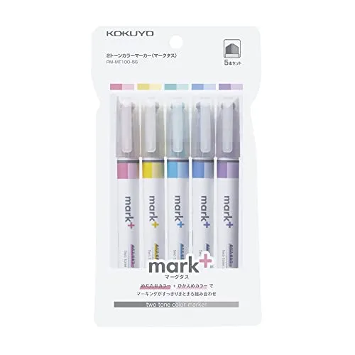 KOKUYO Mark+ PM-MT100-5S Textmarker in zwei Farben, 5er-Pack (Pink, Blau, Grün, Violett und Gelb)