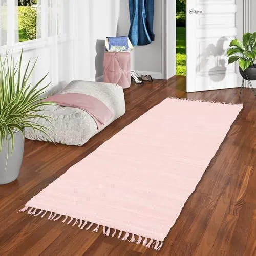 Pergamon Baumwolle Natur Teppich Flachgewebe Handgewebt Läufer Jolly Cotton Rosa - Läufer aus 100 % Baumwolle, handgewebt und antistatisch, ideal für Fußbodenheizung und schonend für Parkett. Verfügbar in 6 Größen.