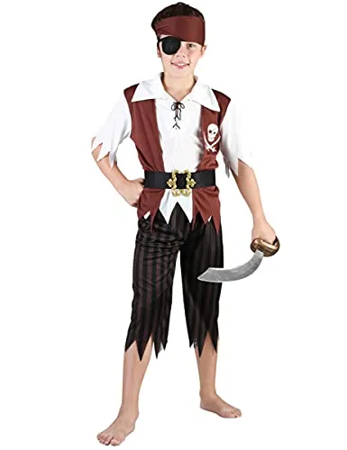 JADEO Piraten-Kostüm für Kinder – Seeräuber Outfit in Braun-Weiß-Schwarz (134/140)
