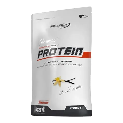 Best Body Nutrition Gourmet Premium Pro 1000g - French Vanilla - Sportnahrung mit 4 Komponenten Protein (Whey Isolat, Whey Konzentrat, Milch, Ei Protein), aspartamfrei und vegetarisch. Inklusive praktischem Dosierlöffel für eine einfache Anwendung.