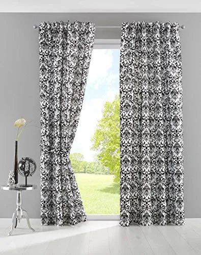 Gardinenbox 2er Set 245x140 cm - Blickdichte Vorhänge in Weiß Schwarz Barock - Gardinenschals im eleganten Barockdesign, blickdicht und pflegeleicht. Ideal für stilvolle Fensterdekoration, mit verdecktem Schlaufenband für einfache Montage.