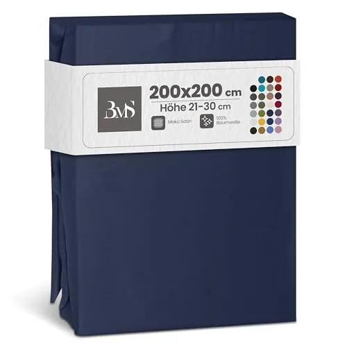 Bettwaesche-mit-Stil Mako Satin Spannbettlaken Spannlaken Spannbetttuch (200cm x 200cm, Matratzenhhöhe 21-30cm, Dunkelblau)