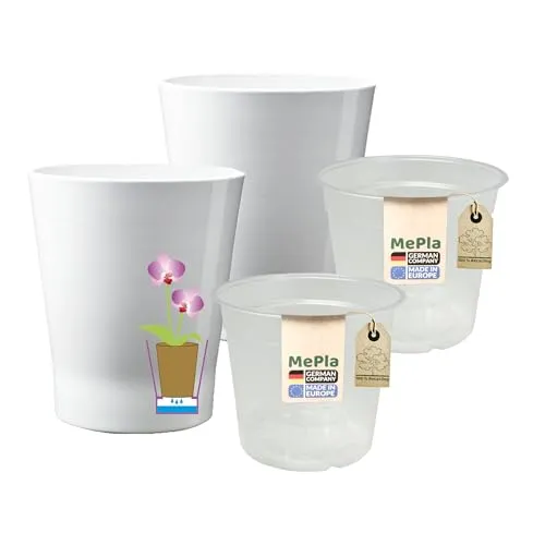 MePla - 2 Stück - SK Soendgen Orchideenübertopf Merina ø 14 Weiss + Pflanztopf Orchidee ø 12, hochwertiges Wohnambiente