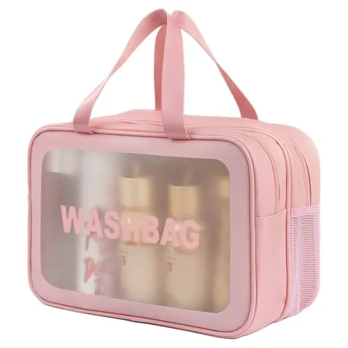SZDPC Groß Kulturbeutel Damen & Herren, Reise Kulturtasche mit Tragegriff, matt durchscheinende Duschtasche (Pink-XL)