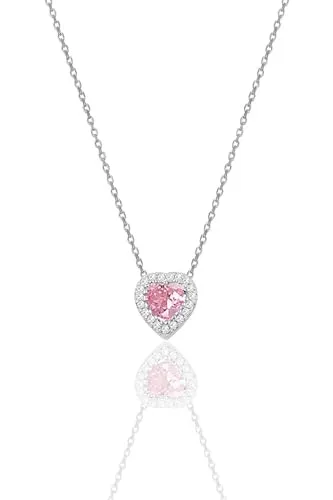 Einzelstück® Halskette mit Herz Anhänger 925 Sterling Silber I Damenhalskette Zirkonia Herz Kristall I Silberkette Collier L'amour (Rosa Herz Silber Kette)