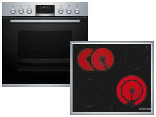 Bosch HND411LR62 Set Einbauherd mit Glaskeramikkochfeld - Herdset bestehend aus HEA513BR2 Backofen mit 5 Funktionen und NKN645GA2E autarkem Kochfeld, ideal für moderne Küchen und vielseitiges Kochen.