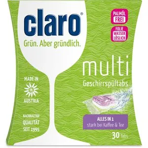 Claro Spülmaschinentabs Multi Tabs, Alles in 1 - 30 Stück - Geschirrspülmittel mit integrierter Salz- und Klarspülfunktion für strahlende Reinigungsergebnisse. Umweltfreundliche, plastikfreie Verpackung und stark gegen Kaffee- und Teeflecken.