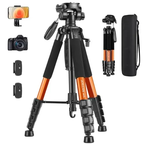 JOILCAN Kamera Stativ, 187cm Fotostativ mit Abnehmbar Kopf, Camera Tripod mit Tragetasche für Canon Nikon DSLR, Aluminium Dreibeinstativ Tragkraft 5kg mit Handyhalterung for Smartphone(Orange)
