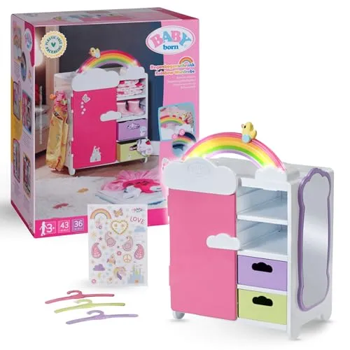 BABY born Regenbogenschrank - Puppenkleiderschrank mit leuchtendem Regenbogen und fröhlichen Sounds, ideal für die Aufbewahrung von Puppenkleidung und mit Ganzkörperspiegel