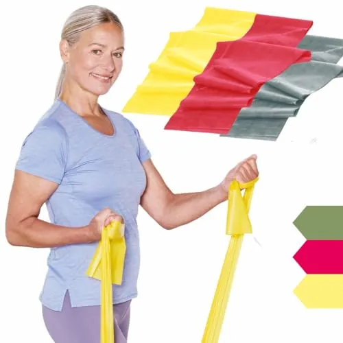 TheraBand 1,50m Set-Bundle| Fitnessband | Gymnastikband | Stretchband für Ganzkörpertraining | Widerstandsband | Training Bands für Zuhause | Fitness Zubehör | 100% Latexfrei (Gelb | Rot | Grün)