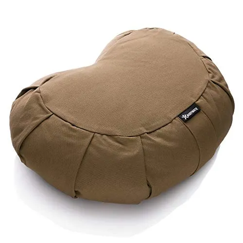 BODYMATE Halbmond Yogakissen 42cm lang 30cm breit und 15cm hoch Chocolate mit Buchweizen-Spelz Füllung – Maschinenwaschbarer Bezug aus 100% extra dicker Baumwolle – Meditationskissen – Sitzkissen