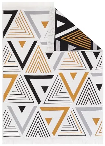 TAPISO Azteca Teppich Kurzflor mit Fransen Baumwolle Creme Grau Orange Schwarz Dreiecke Waschbar Beidseitig Anwendbar Wohnzimmer Schlafzimmer Küche ÖKOTEX 60 x 110 cm