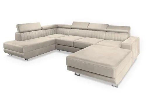 Masseno Ecksofa SIENA L-S mit Schlaffunktion und Bettkasten - Sofa mit Schlaffunktion und praktischem Stauraum, ideal für flexible Wohnräume. Komfortable Kopfstützen und elegantes Design in Creme für stilvolle Entspannung.