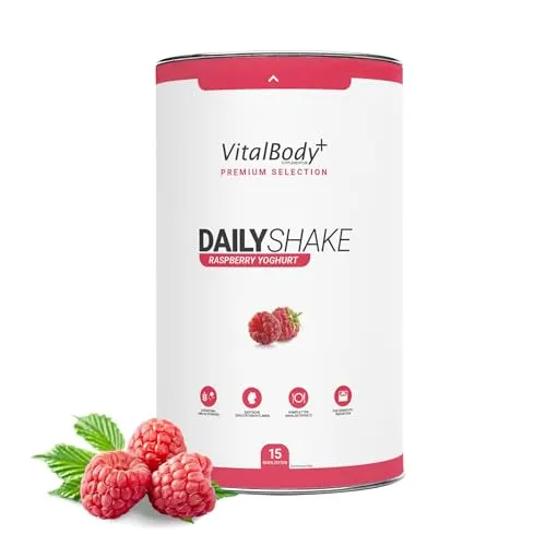VitalBodyPLUS DailyShake, Raspberry Yoghurt, 450 g, Mahlzeitenersatz-Shake zum Abnehmen, 15 Mahlzeiten vollwertig & kalorienarm ersetzen