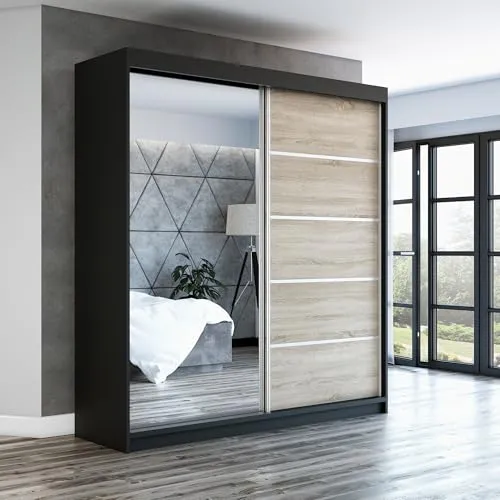 Schwebetürenschrank GAP, 2-türig mit Spiegel - Moderner Schwebetürenschrank, 180 cm breit, mit hochwertigem Aluminium-Schiebetürsystem für müheloses Öffnen. Perfekt für stilvolle Aufbewahrung in jedem Schlafzimmer.