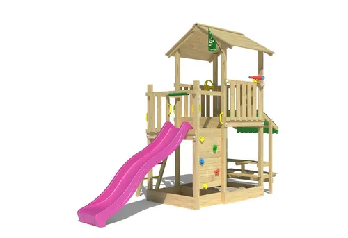 Jungle Gym Spielturm Keep mit Mini Market und Rutsche - Multifunktionaler Spielturm für Kinder von 3 bis 10 Jahren. Fördert Kreativität und Motorik in sicherer Gartenumgebung. Inklusive Rutsche mit Wasseranschluss und integrierten Sandkasten.