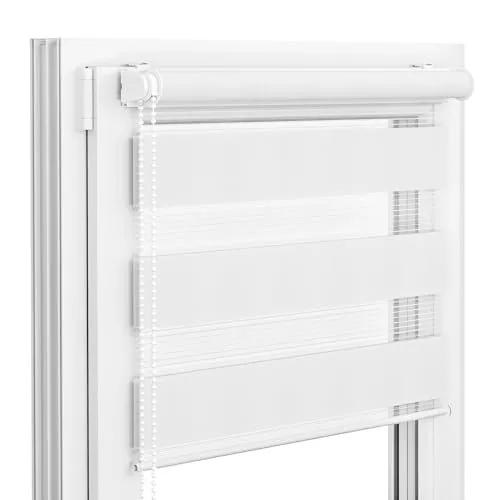 Victoria M. Zevra Doppelrollo Duorollo, Klemmrollo ohne Bohren & mit Bohren für Fenster und Türen, Klemmfix Duo Rollo Fensterrollo Lichtdurchlässige/Verdunkelnde Streifen, 35 x 160 cm, Weiß